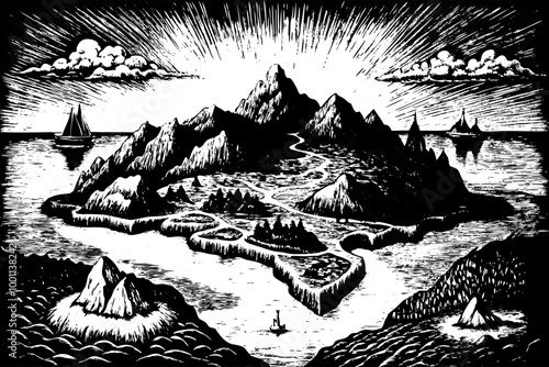 Vintage Black and White Island Landscape Illustration with Mountains and Sailboats