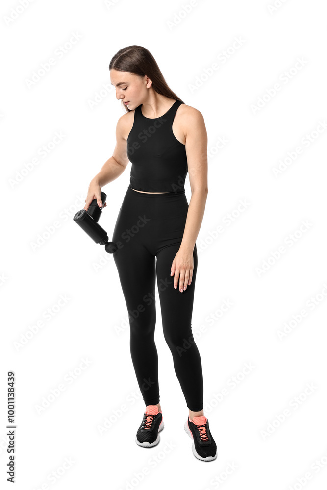 Woman using percussive massager to relieve hip muscles on white background Woman using percussive massager to relieve hip muscles on white background