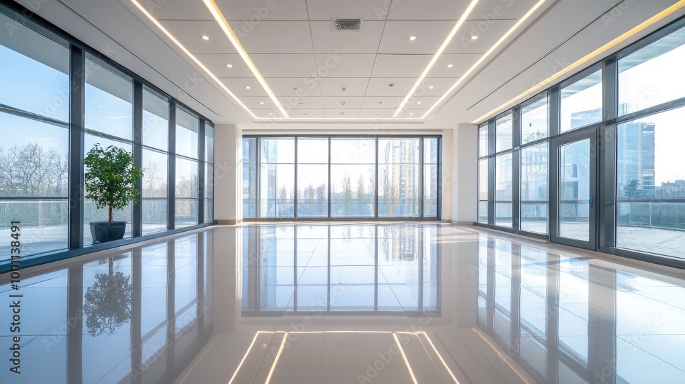 A spacious, bright room with glossy ceramic tile flooring, ceiling strip lights, and wide windows, creating a clean, open space. A spacious, bright room with glossy ceramic tile flooring, ceiling strip lights, and wide windows, creating a clean, open space.