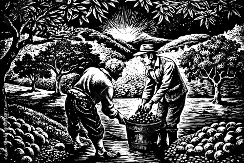 Vintage Farm Harvest Scene Two Farmers Gathering Apples at Sunset