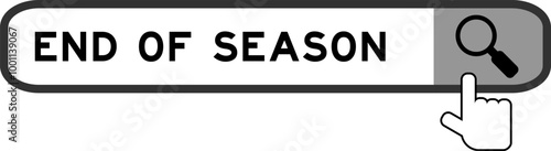 Search banner in word end of season with hand over magnifier icon on white background