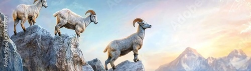 A group of mountain goats standing on rocky ledges against a scenic sunrise backdrop, showcasing nature and wildlife in a high-altitude environment. photo