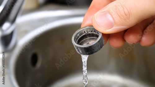 Close-up of an old tap aerator held in hand, showcasing the wear and tear, with a kitchen sink faucet in the background, emphasizing the importance of regular maintenance for water efficiency