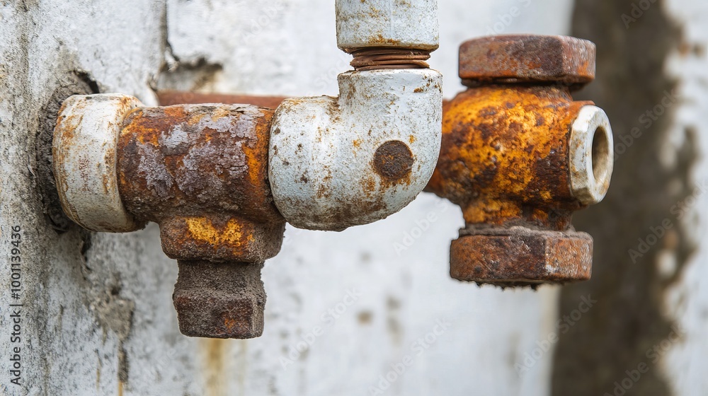 Plumbing main tube with a water leak, showcasing an old, rusted steel tap pipe and the impact of wear on plumbing systems Plumbing main tube with a water leak, showcasing an old, rusted steel tap pipe and the impact of wear on plumbing systems