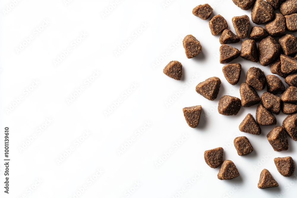 An in-depth examination of dispersed dry canine food on a flawless white surface, showcasing the unique textures and forms of each piece, highlighted by natural sunlight An in-depth examination of dispersed dry canine food on a flawless white surface, showcasing the unique textures and forms of each piece, highlighted by natural sunlight
