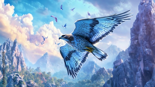 A majestic blue bird soars over a picturesque mountain landscape with a vibrant sky in the background. photo