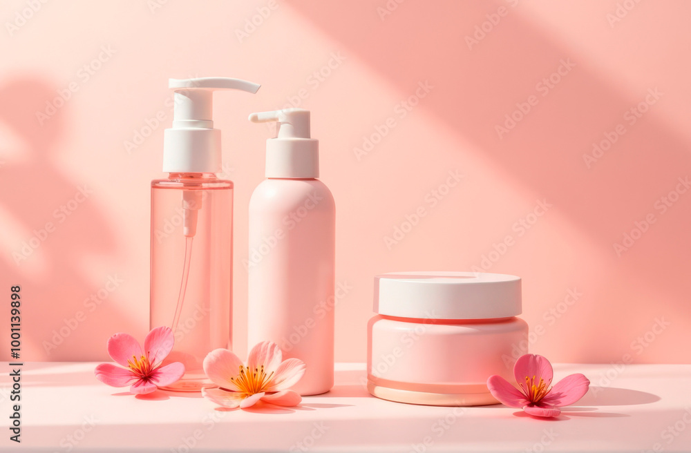 Bottles and jars with personal care products on a delicate background Bottles and jars with personal care products on a delicate background