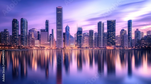 A sprawling city skyline at dusk, with tall skyscrapers illuminated and their reflections shimmering on the water, creating a stunning modern urban panorama