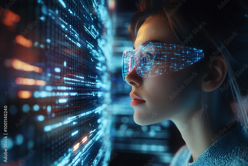 A woman analyzing futuristic holographic data, showcasing innovation and advanced technology, surrounded by binary code and designed in a wireframe plexus style.