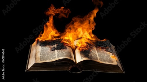 The powerful imagery of a burning book highlights the themes of censorship, the destruction of knowledge, set against a stark black background that underscores ongoing battle for freedom of expression photo