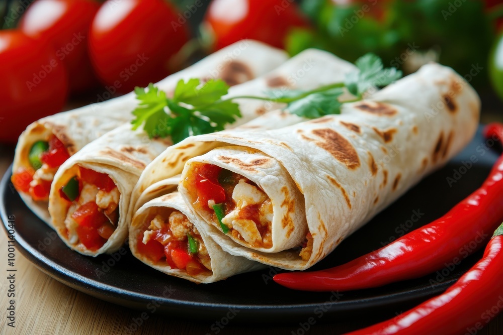 Burritos arranged on a dark plate accompanied by a mound of vibrant tomatoes and zesty chili peppers close by Burritos arranged on a dark plate accompanied by a mound of vibrant tomatoes and zesty chili peppers close by