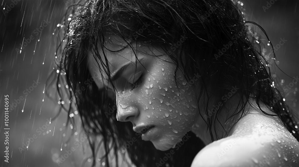A woman with wet hair is standing in the rain A woman with wet hair is standing in the rain