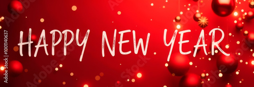 Happy New Year text on red festive banner. Congratulations, illustration photo