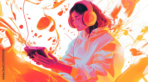 A minimal , digital illustration, featuring a female gamer in the center of the composition