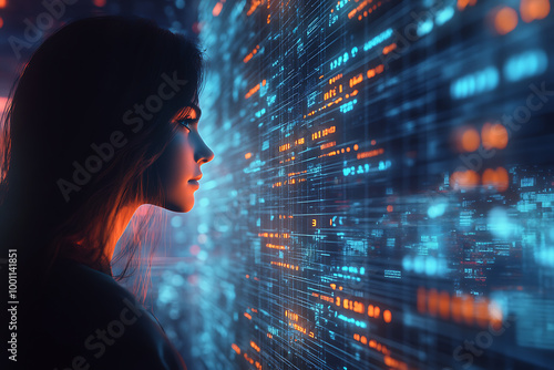 Wallpaper Mural A woman analyzing futuristic holographic data, showcasing innovation and advanced technology, surrounded by binary code and designed in a wireframe plexus style. Torontodigital.ca