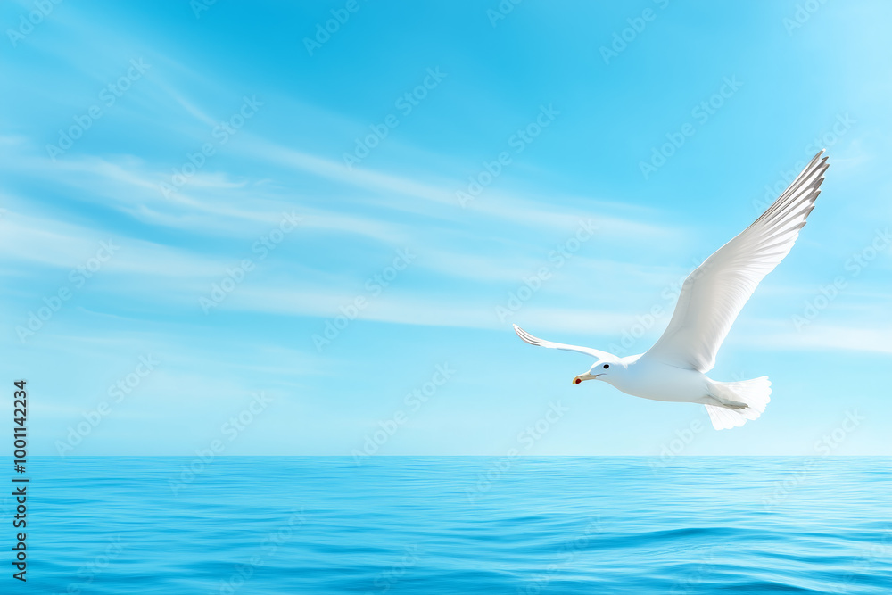 A seagull gracefully gliding over calm ocean waters under a clear blue sky at midday A seagull gracefully gliding over calm ocean waters under a clear blue sky at midday