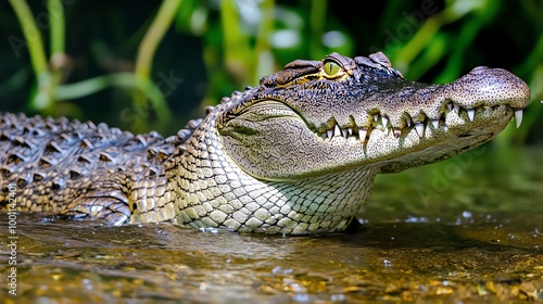 Close-up shot of a crocodile half-submerged in water with greenery in the background, highlighting its detailed scales and sharp teeth.