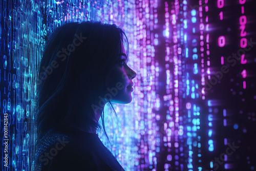 Wallpaper Mural A woman analyzing futuristic holographic data, showcasing innovation and advanced technology, surrounded by binary code and designed in a wireframe plexus style. Torontodigital.ca