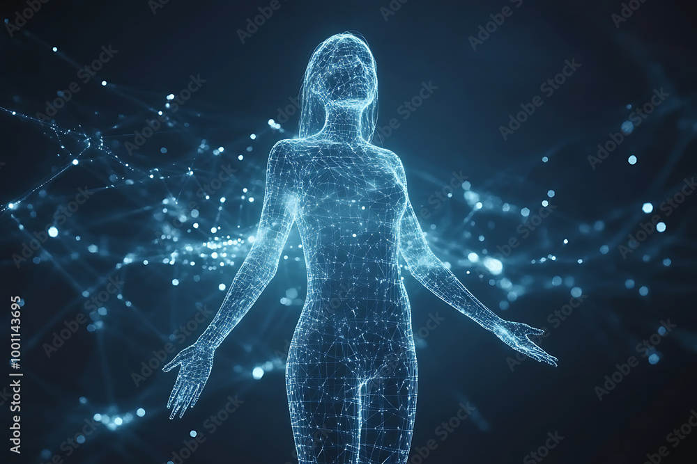 A woman analyzing futuristic holographic data, showcasing innovation and advanced technology, surrounded by binary code and designed in a wireframe plexus style. A woman analyzing futuristic holographic data, showcasing innovation and advanced technology, surrounded by binary code and designed in a wireframe plexus style.