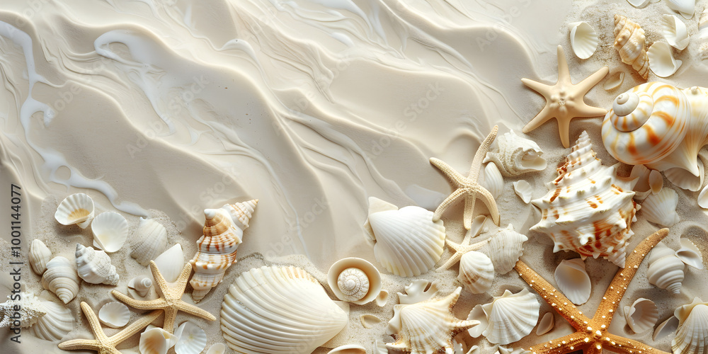 Seashells on the sand Creative layout made of starfishes corals and seashells on white background. Seashells on the sand Creative layout made of starfishes corals and seashells on white background.