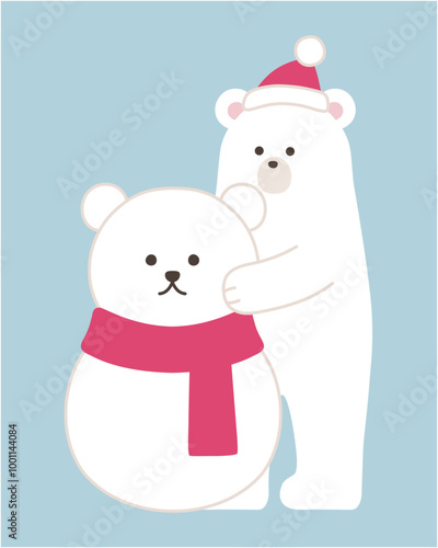 雪だるまを作る白熊のベクターイラスト。冬、マフラー、帽子、シロクマ、ホッキョクグマ、クリスマス