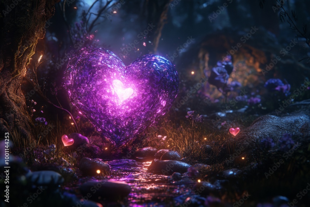 Fototapeta premium A mystical heart made of sparkling gems glows in a forest. Its vibrant purple hues enchant the surroundings. This artwork captures love and beauty in nature. Generative AI
