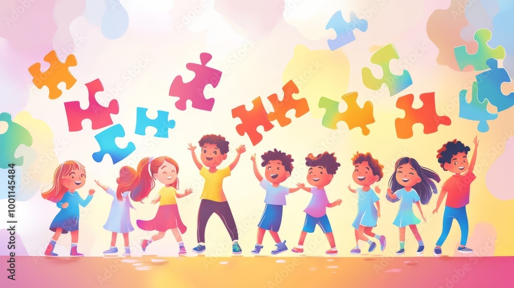Joyful Children Playing with Puzzles Joyful Children Playing with Puzzles