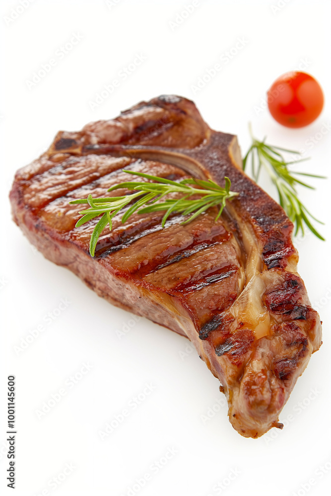 Grilled juicy steak with rosemary garnish, tomato, on white background, detailed food photography, meat concept Grilled juicy steak with rosemary garnish, tomato, on white background, detailed food photography, meat concept