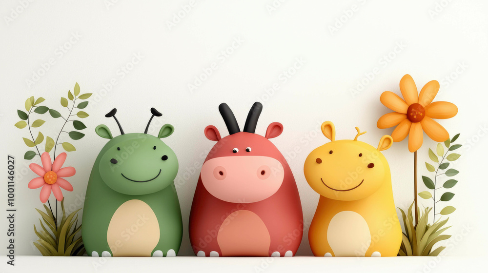 Naklejka premium A group of cute, colorful hippo-like animals enjoying flowers in a peaceful garden. Their friendly expressions and soft colors create a joyful and serene scene.