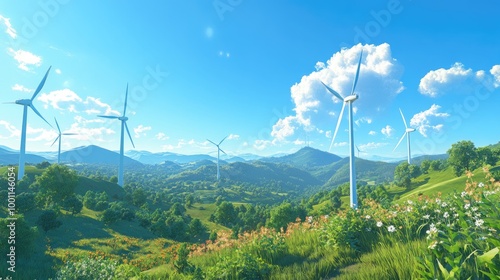 A sprawling windmill farm with tall turbines, surrounded by lush greenery and a realistic landscape of hills and clear blue skies