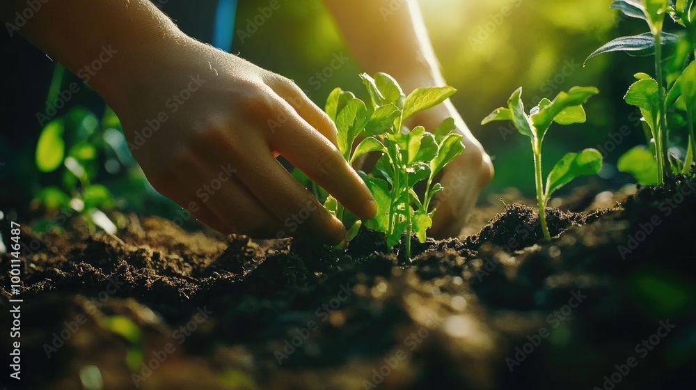 Fototapeta premium Close-Up of Hands Planting Seedlings in a Garden
