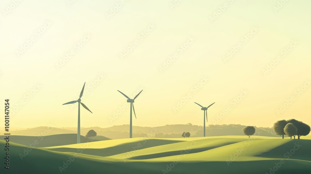 Obraz premium Wind turbines on a farm set against a stunning realistic landscape of vibrant green fields and a clear, cloudless sky