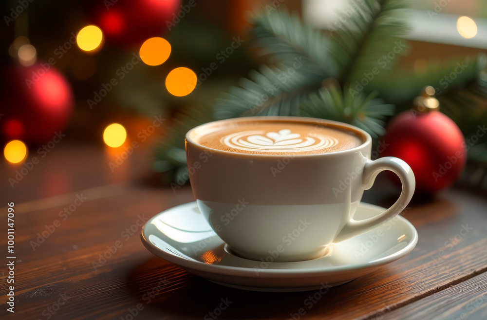 Cup of coffee on a wooden table against a festive background. Cup of coffee on a wooden table against a festive background.