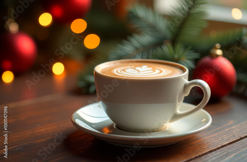 Cup of coffee on a wooden table against a festive background.