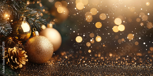 Christmas balls, cones on the branches of a fir tree on a background of golden bokeh. Christmas banner. Banner. Copy space