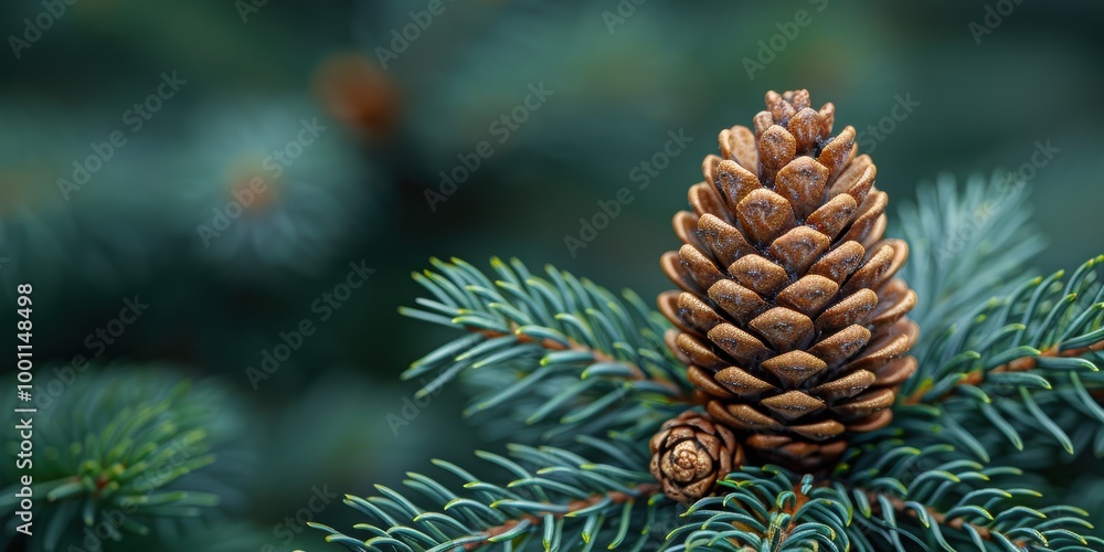 A detailed close-up of a brown pine cone resting on the green needles of a pine tree, capturing the natural texture and intricate structure in a tranquil forest setting A detailed close-up of a brown pine cone resting on the green needles of a pine tree, capturing the natural texture and intricate structure in a tranquil forest setting