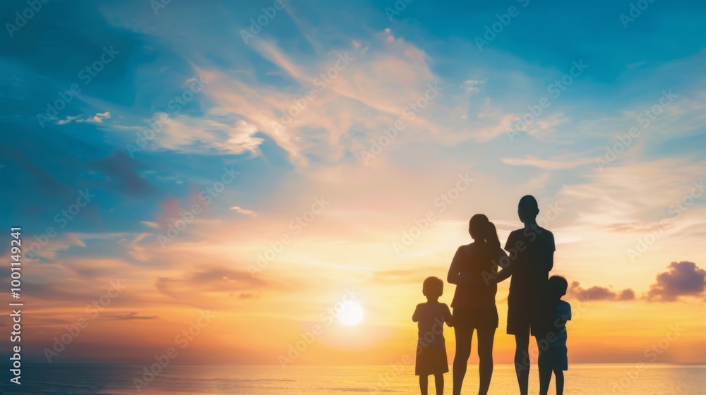 Happy family silhouette against stunning sunset sky, beautiful nature landscape evoking family vacation concept. Happy family silhouette against stunning sunset sky, beautiful nature landscape evoking family vacation concept.