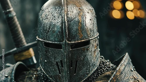 A knight in full armor stands with a sword in a dark, dimly lit setting