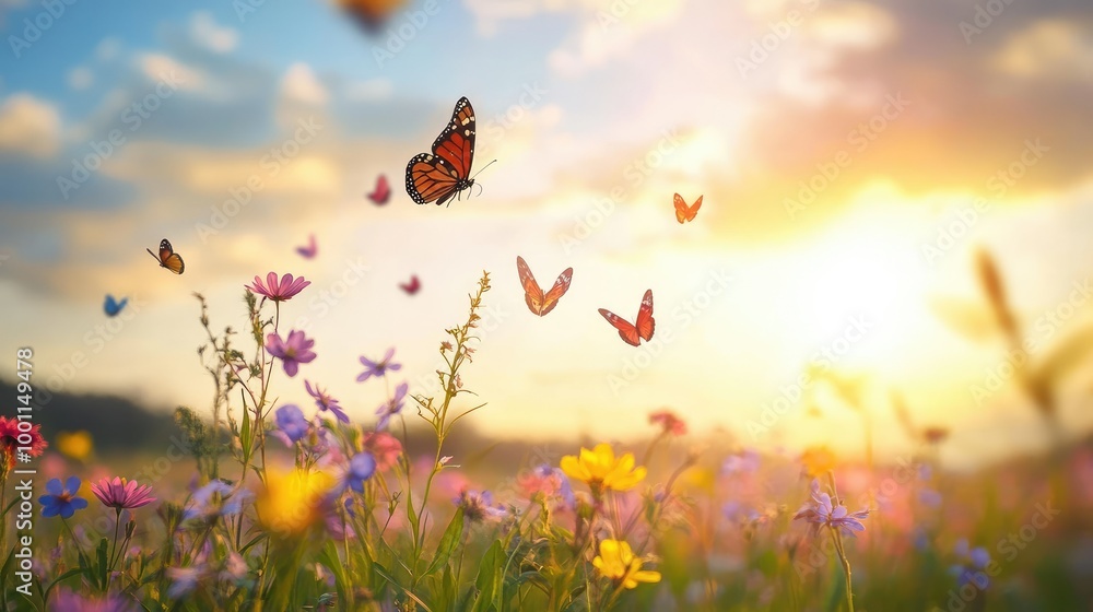 Colorful Butterflies in a Wildflower Field at Sunset Colorful Butterflies in a Wildflower Field at Sunset
