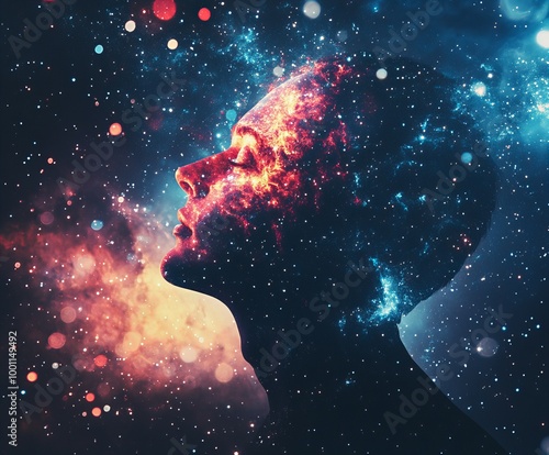 Silhouette of a person in a mysterious cosmic space with glowing stars and swirling nebula new beautiful stock image illustration AI