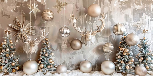 A beautifully decorated festive scene featuring elegant ornaments, shimmering baubles, deer-shaped decor in a winter wonderland setting reminiscent of holiday celebrations