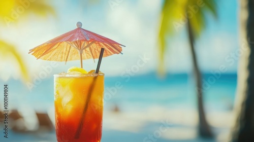 Tropical Cocktail with Umbrella on Beach Background