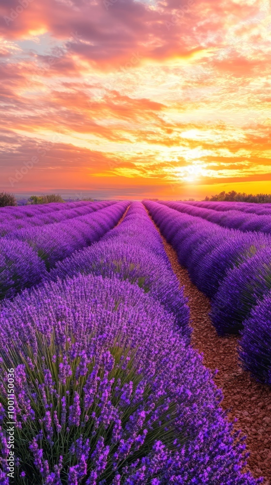 Obraz premium Lavender Fields Sunset: Sun-kissed rows of lavender bloom in a vibrant purple expanse, bathed in the golden glow of a breathtaking sunset. The clouds above are painted with hues of pink, orange.