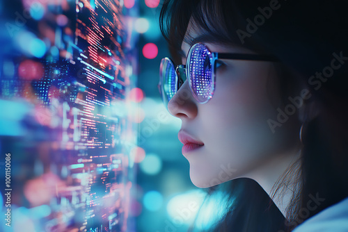 Wallpaper Mural A woman analyzing futuristic holographic data, showcasing innovation and advanced technology, surrounded by binary code and designed in a wireframe plexus style. Torontodigital.ca