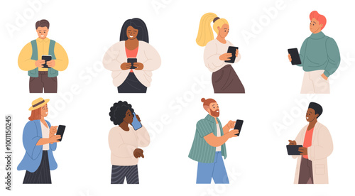 People mobile phones set. Happy and sad men and women using smartphones, looking at device with smile and talking, female and male character pointing and surfing internet cartoon vector illustration
