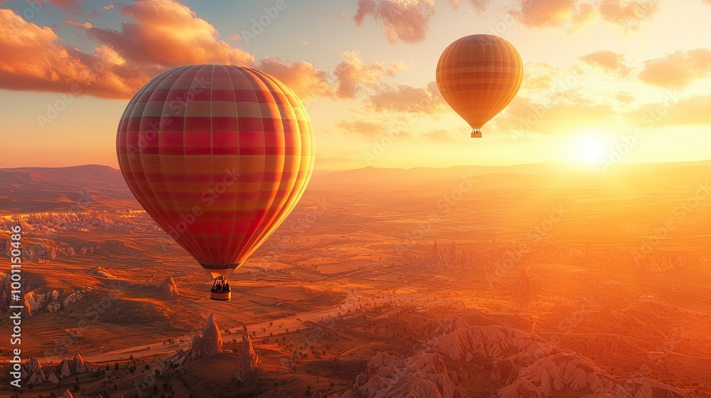 Naklejka premium Hot Air Balloons Flying Over Desert Landscape