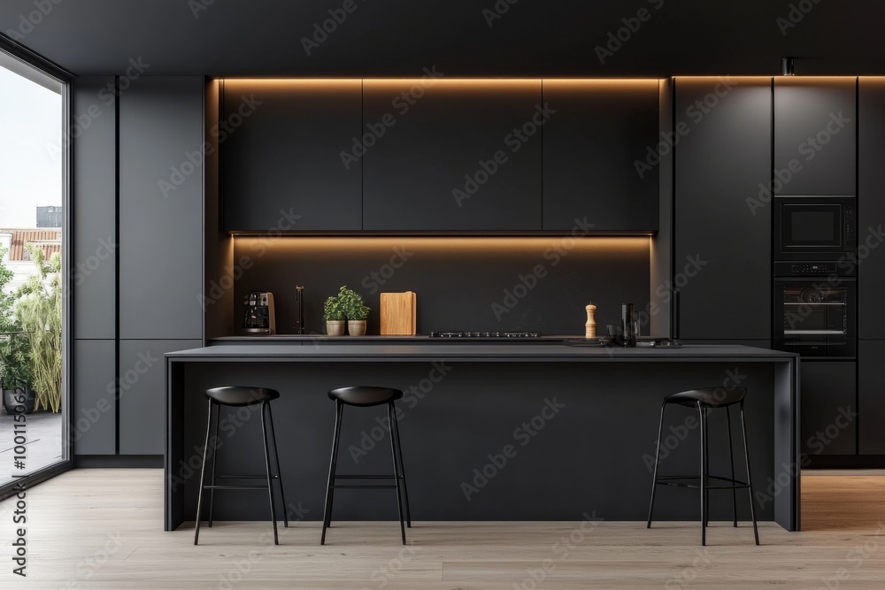 Modern kitchen design with a sleek black color scheme and warm lighting ...