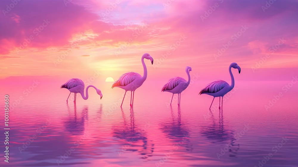 Fototapeta premium Elegant Flamingos Standing in Vibrant Lagoon at Sunset