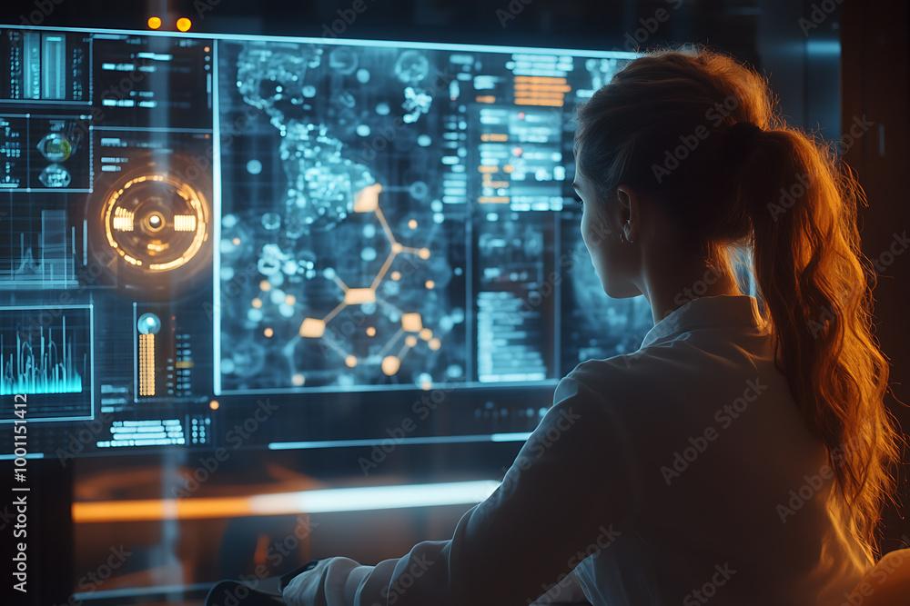 A woman analyzing futuristic holographic data, showcasing innovation and advanced technology, surrounded by binary code and designed in a wireframe plexus style. A woman analyzing futuristic holographic data, showcasing innovation and advanced technology, surrounded by binary code and designed in a wireframe plexus style.