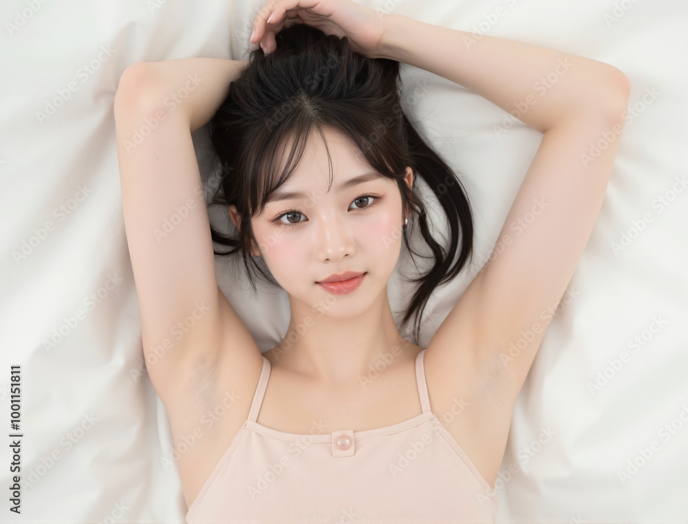 Charming Asian woman with flowing hair and delicate features, posed against a minimalist white backdrop, exuding an air of elegance and grace Charming Asian woman with flowing hair and delicate features, posed against a minimalist white backdrop, exuding an air of elegance and grace